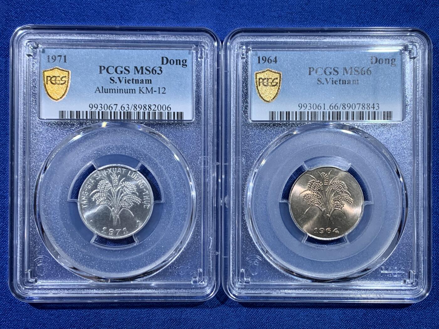 《竞宝斋》第445场 周日，周一，2场连拍 （全场包邮） 两枚一组 PCGS MS66+MS63 南越1964/1971年水稻1盾 双年份一组 铝币容易腐蚀出分不易 镍币是唯一的冠军分！