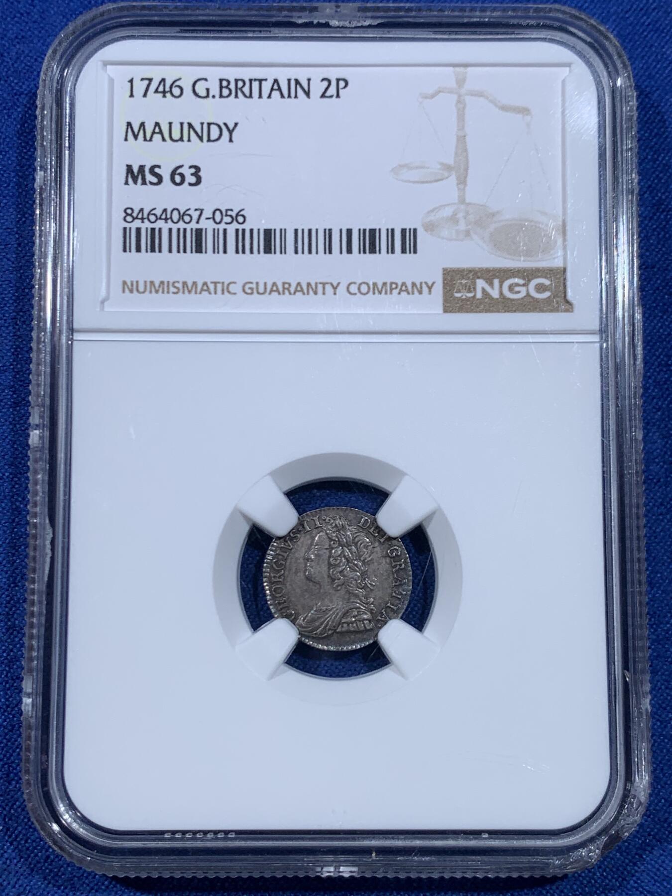 《竞宝斋》第445场 周日，周一，2场连拍 （全场包邮） 四枚一组 NGC AU55/MS63/MS62/UNCD 英国1746年乔治二世1/2/3/4便士银币 2便士盒子右下角有磕