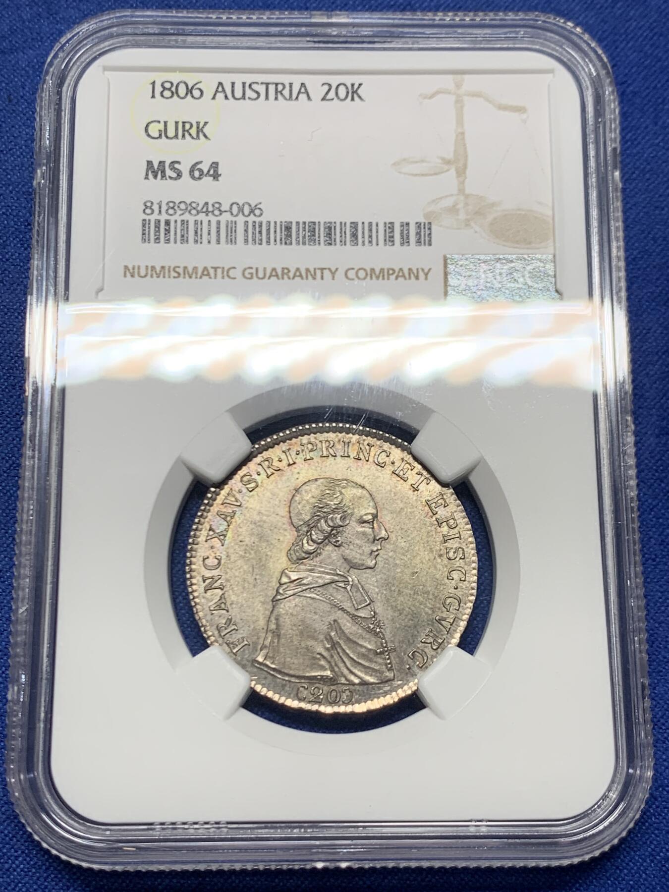 《竞宝斋》第445场 周日，周一，2场连拍 （全场包邮） 冠军分 NGC MS64 奥地利帝国  1806年 古尔克主教区 20克鲁泽银币 独年发行  精品辅币