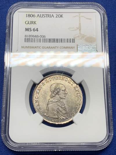 《竞宝斋》第445场 周日，周一，2场连拍 （全场包邮） - 冠军分 NGC MS64 奥地利帝国  1806年 古尔克主教区 20克鲁泽银币 独年发行  精品辅币