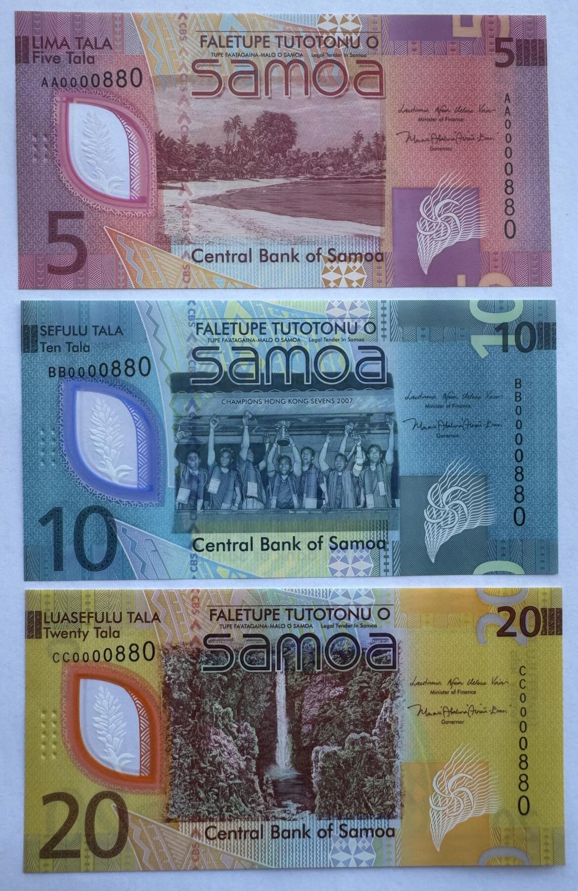 2025第25场（总第225期）：精品测试钞、塑料钞、纪念券、外钞综合场 首发百位圆圆号0000880 萨摩亚2023年版5、10、20塔拉塑料钞一组3枚UNC