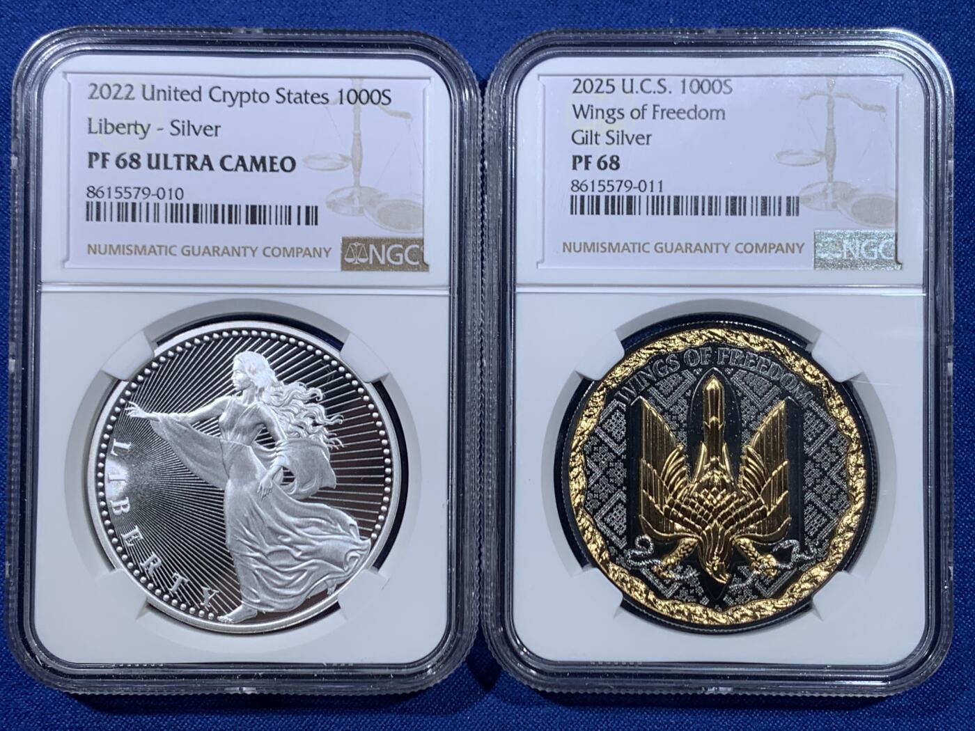 《竞宝斋》第445场 周日，周一，2场连拍 （全场包邮） 两枚一组 NGC PF68UC 美国2022年自由女神与神兽1000聪精制纪念加密货币（1盎司，999银，盒证齐全，发行量2千枚）个人认为该系列之中最美的女神化身银币 + NGC PF68 美国2025年乌克兰自由之翼镀金钌化纪念加密货币-1000聪（1盎司，999银，盒证齐全，发行量2千枚）个人认为该系列之中最精美复杂采取钌化加镀金工艺的银币