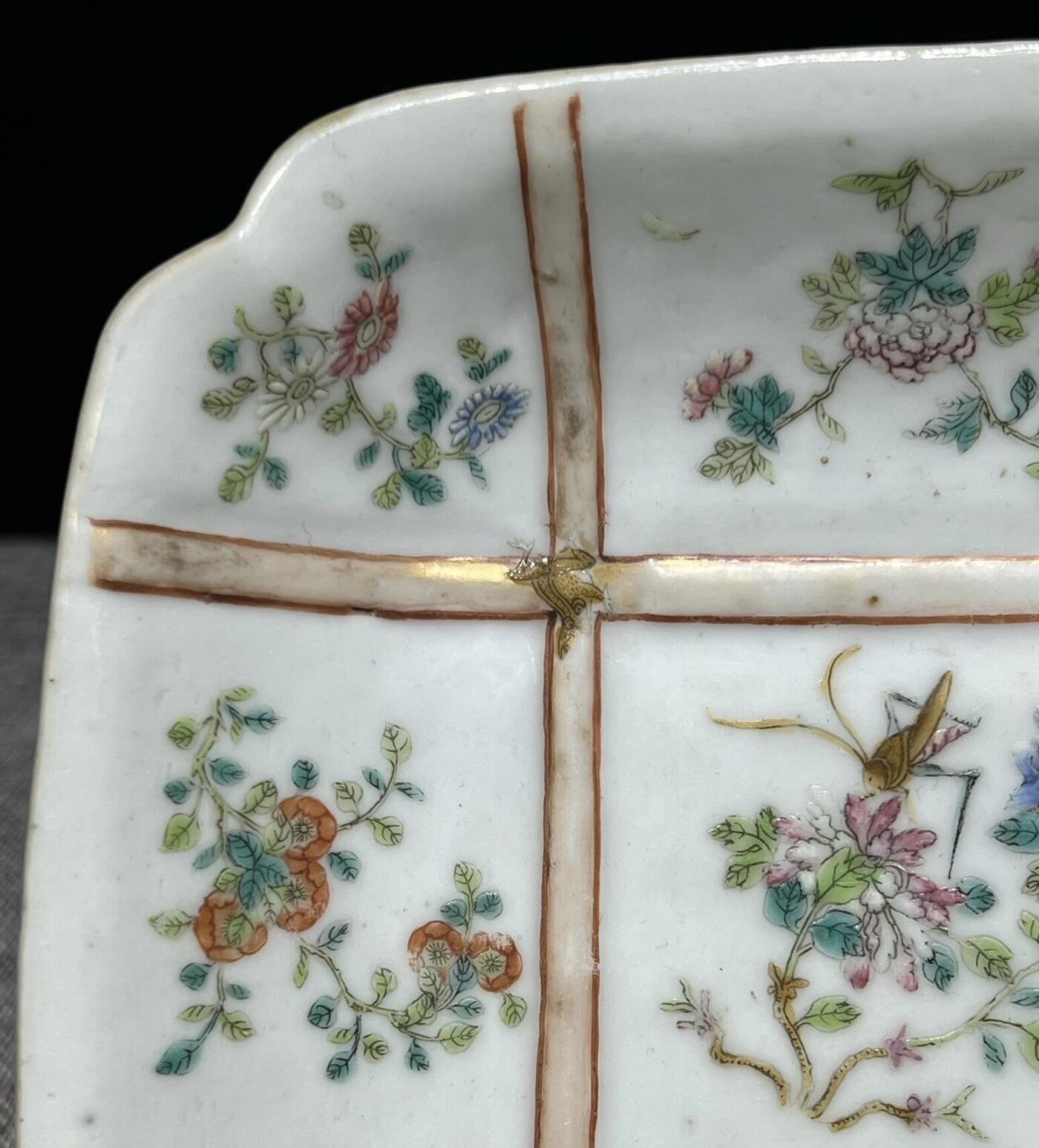 清同治 草虫飞黄腾达高足倭角盘 终身包老 同治本朝    