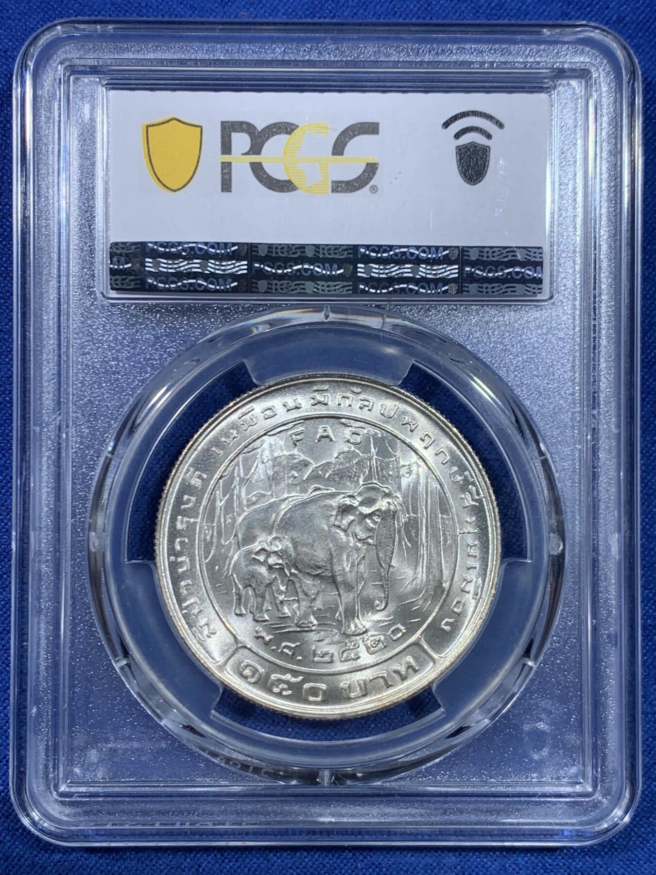 《竞宝斋》第445场 周日，周一，2场连拍 （全场包邮） PCGS MS67 泰国1977年150泰铢农粮纪念银币！ 车轮光状态漂亮！