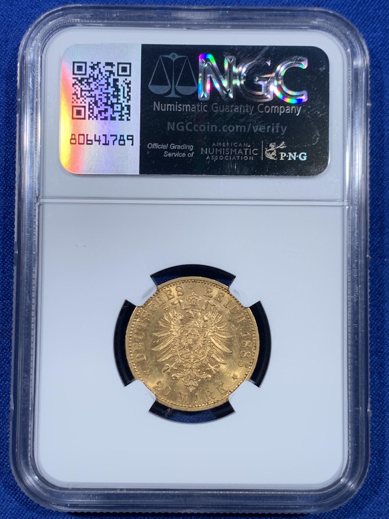 《竞宝斋》第445场 周日，周一，2场连拍 （全场包邮） NGC MS62 德国普鲁士1885年A威廉一世20马克金币 900金 7.96克