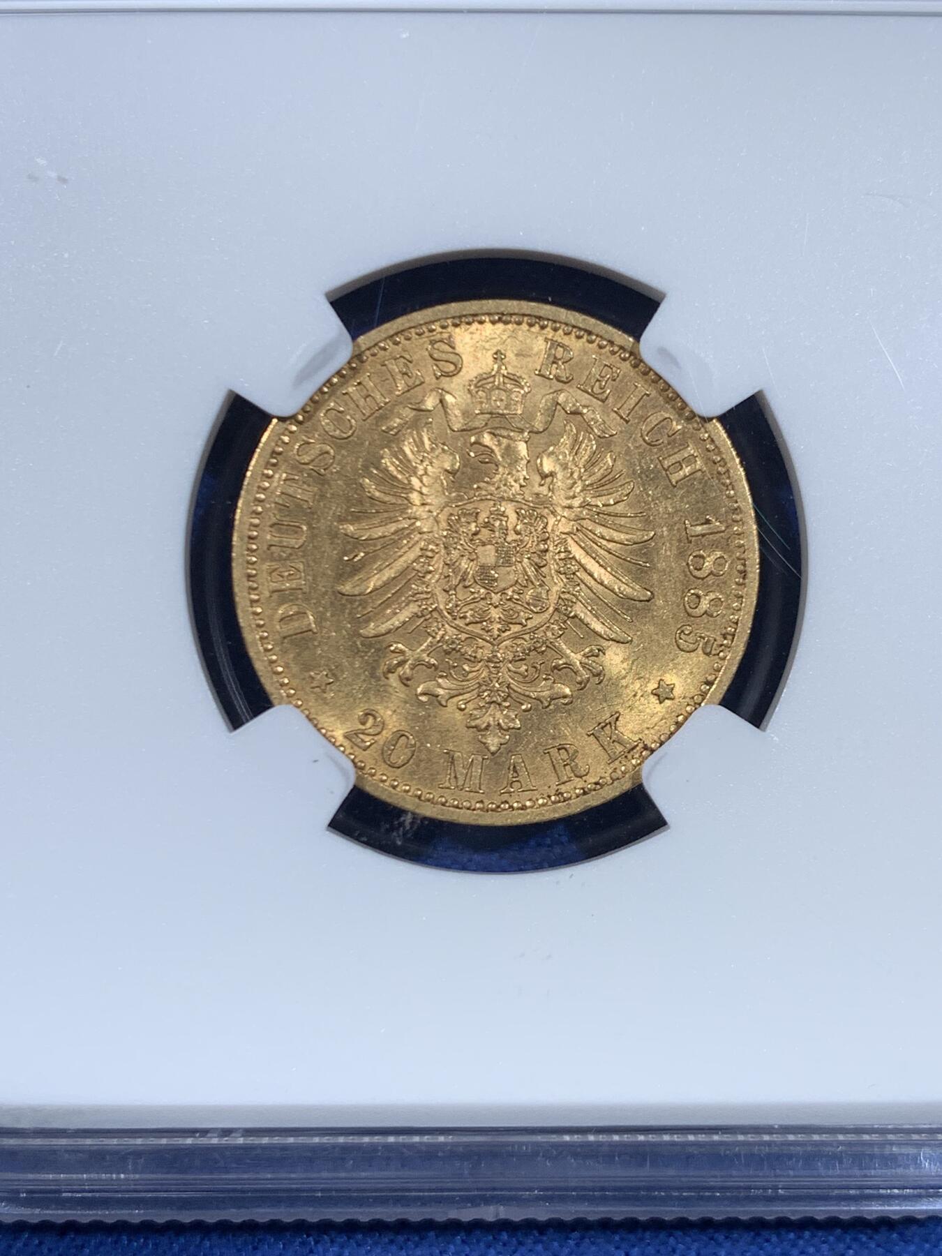 《竞宝斋》第445场 周日，周一，2场连拍 （全场包邮） NGC MS62 德国普鲁士1885年A威廉一世20马克金币 900金 7.96克