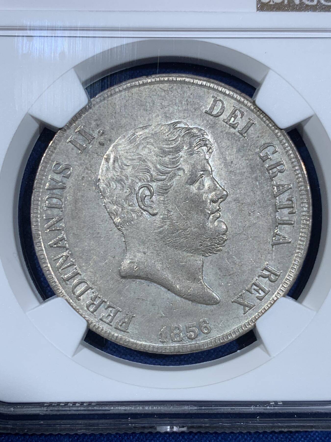 《竞宝斋》第445场 周日，周一，2场连拍 （全场包邮） NGC MS62 意大利1856年 那不勒斯西西里120G大银币 底光充沛 未见明显的减重痕迹 确实难得