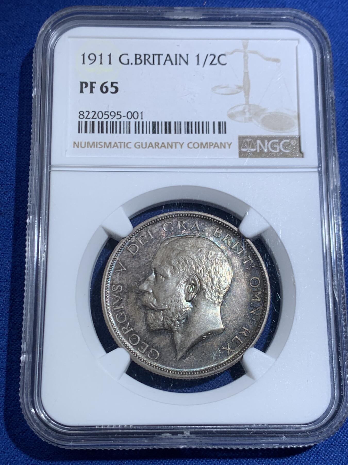 《竞宝斋》第445场 周日，周一，2场连拍 （全场包邮） NGC PF65 英国 1911年 乔治五世 精制半克朗 乔治五世登基首年最大面值 双面五彩包浆 高分难得