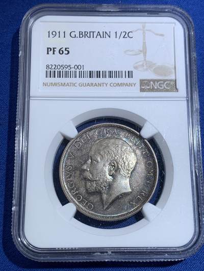 《竞宝斋》第445场 周日，周一，2场连拍 （全场包邮） - NGC PF65 英国 1911年 乔治五世 精制半克朗 乔治五世登基首年最大面值 双面五彩包浆 高分难得
