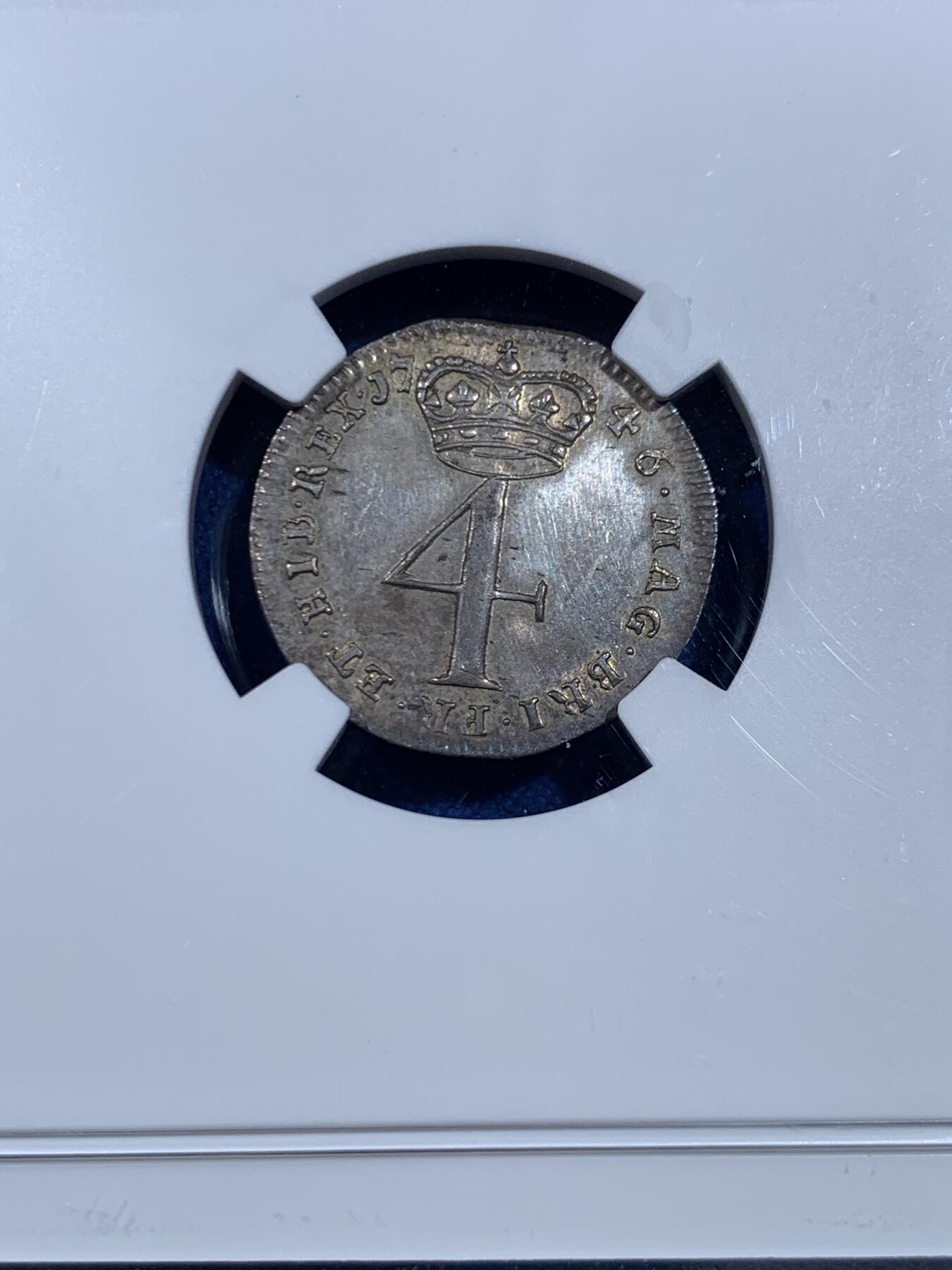 《竞宝斋》第445场 周日，周一，2场连拍 （全场包邮） 四枚一组 NGC AU55/MS63/MS62/UNCD 英国1746年乔治二世1/2/3/4便士银币 2便士盒子右下角有磕