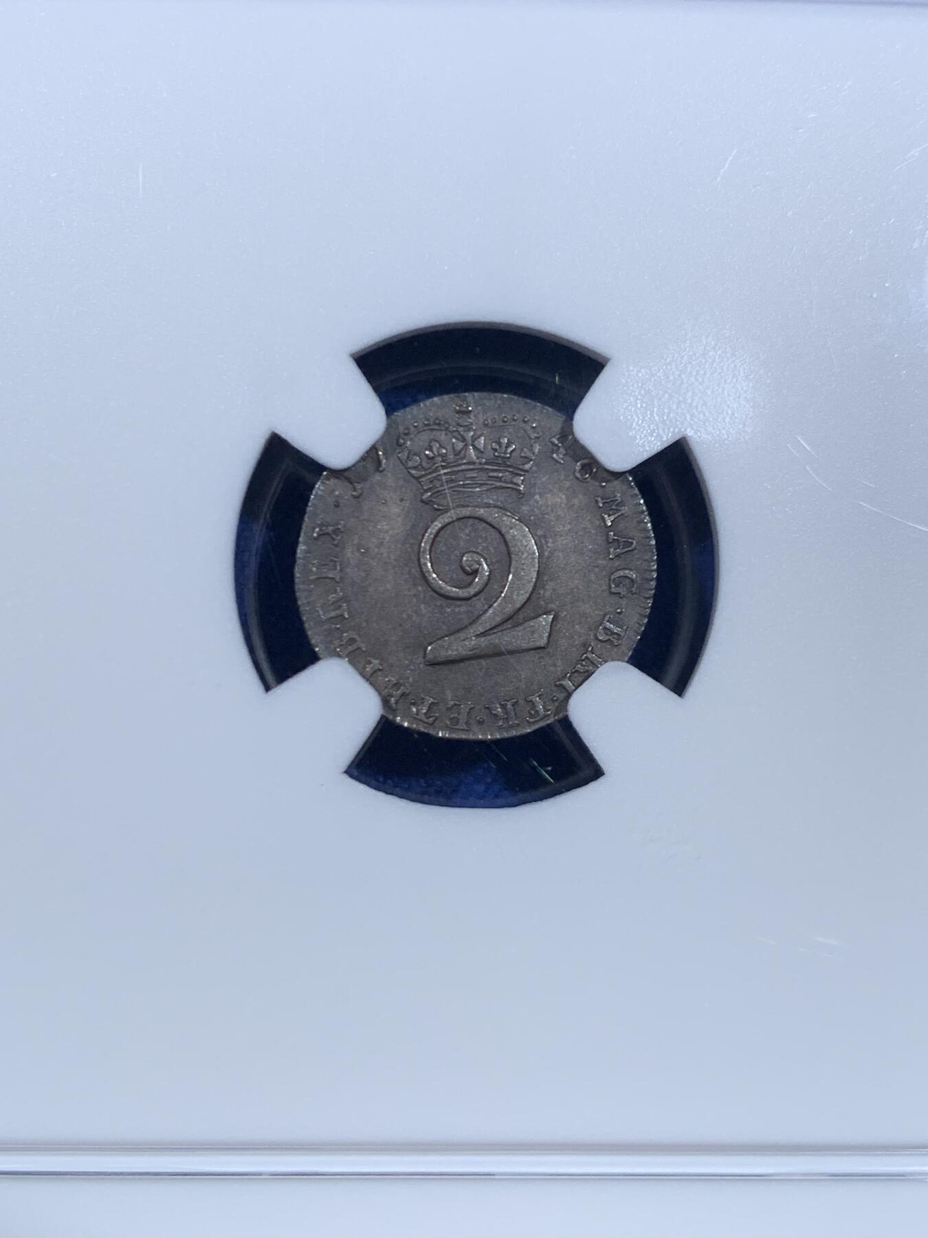 《竞宝斋》第445场 周日，周一，2场连拍 （全场包邮） 四枚一组 NGC AU55/MS63/MS62/UNCD 英国1746年乔治二世1/2/3/4便士银币 2便士盒子右下角有磕