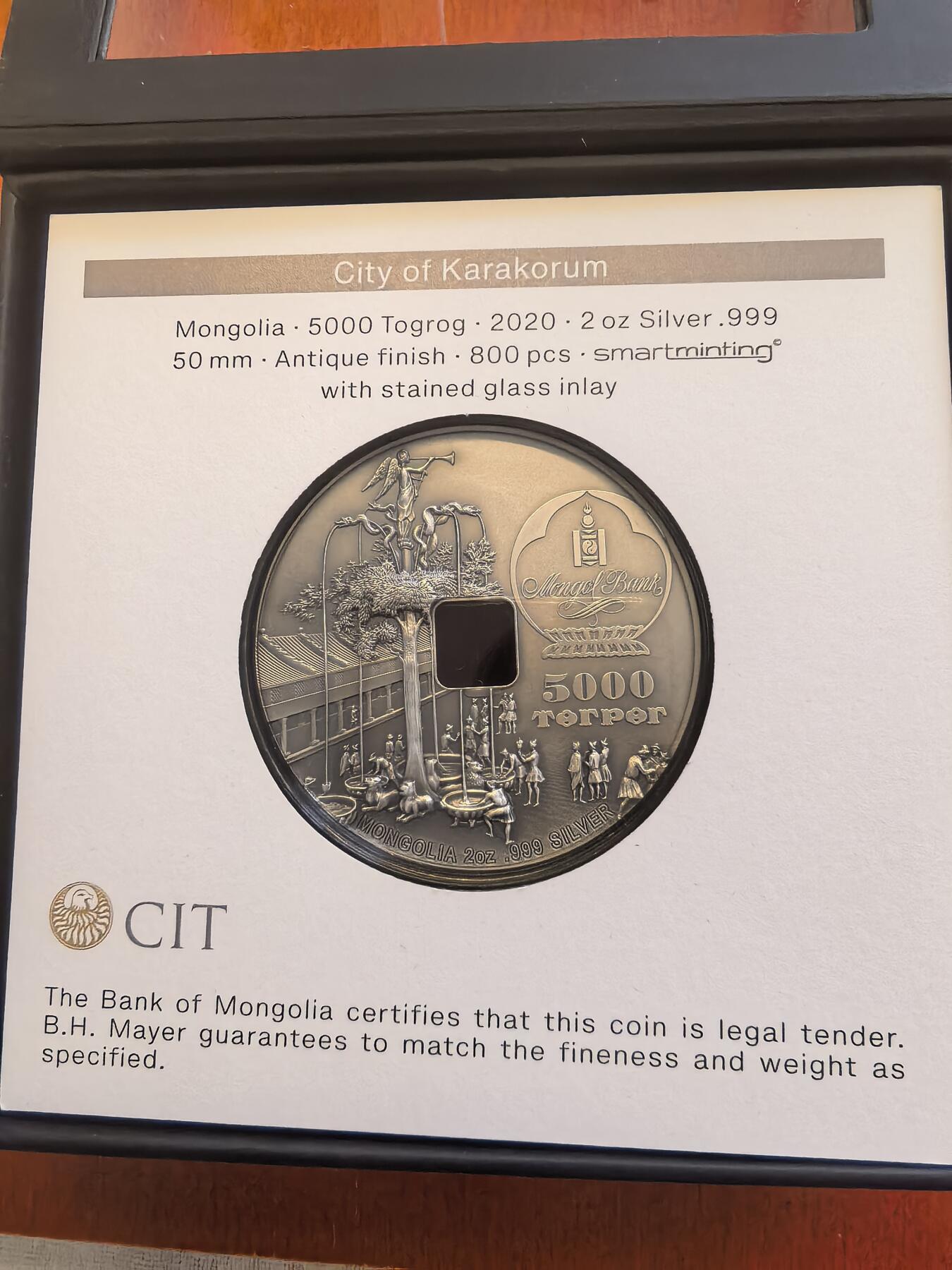 长老汇蛇年精选第八十场拍卖 2020蒙古哈谢和林5000图格里克仿古镶嵌彩色玻璃银币，2盎司999银，盒证全，800枚