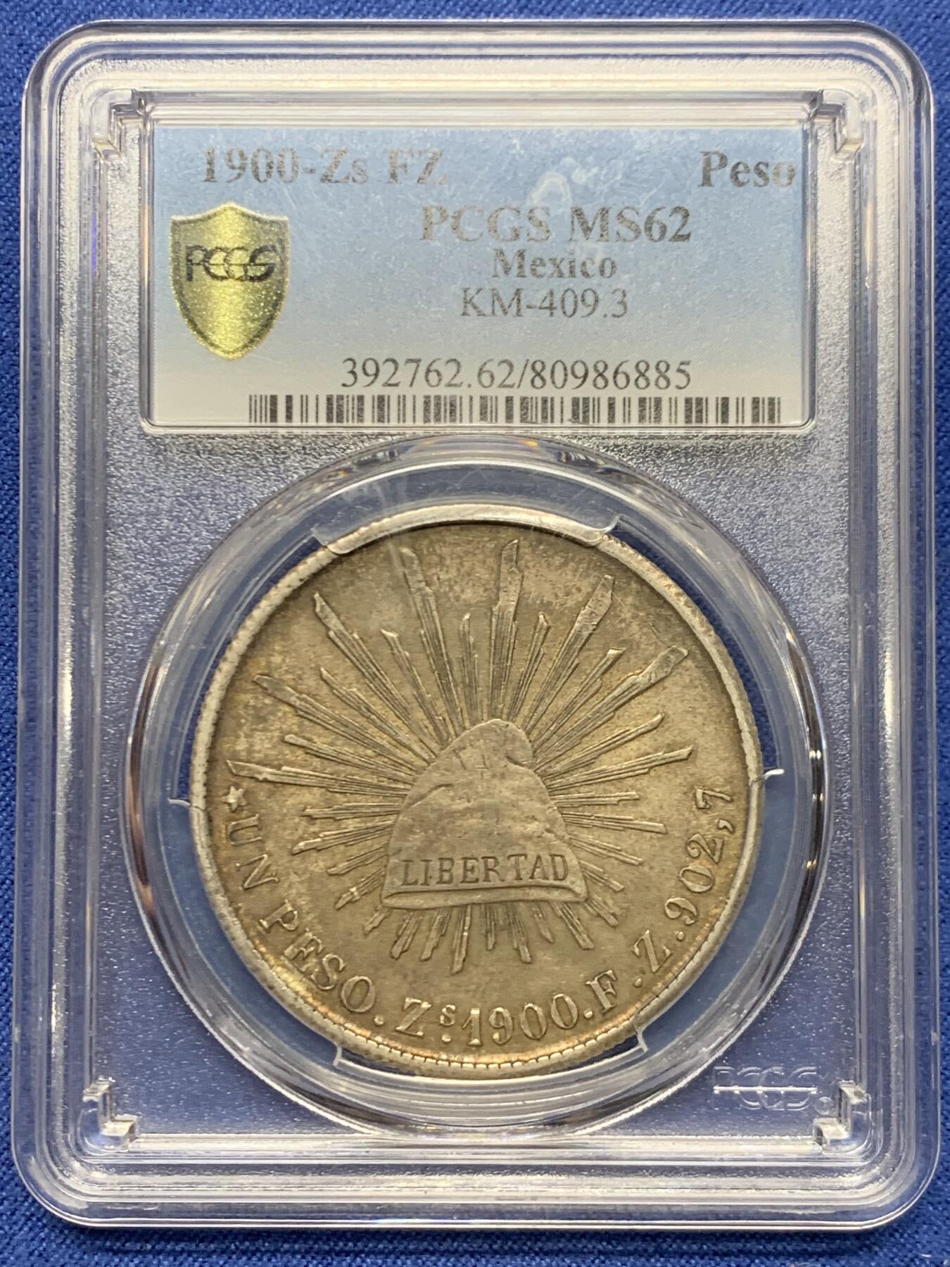 《竞宝斋》第445场 周日，周一，2场连拍 （全场包邮） PCGS MS62 墨西哥 1900ZS FZ 鹰洋 双面酱彩 币面字口深打老味道，极美收藏，一步到位。