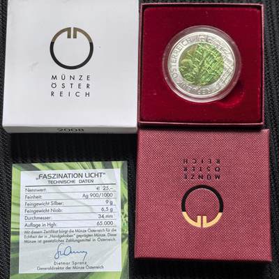 道一币馆币章第一百五十八场 - 原盒证 奥地利2008年对光的探索25欧元铌芯银币