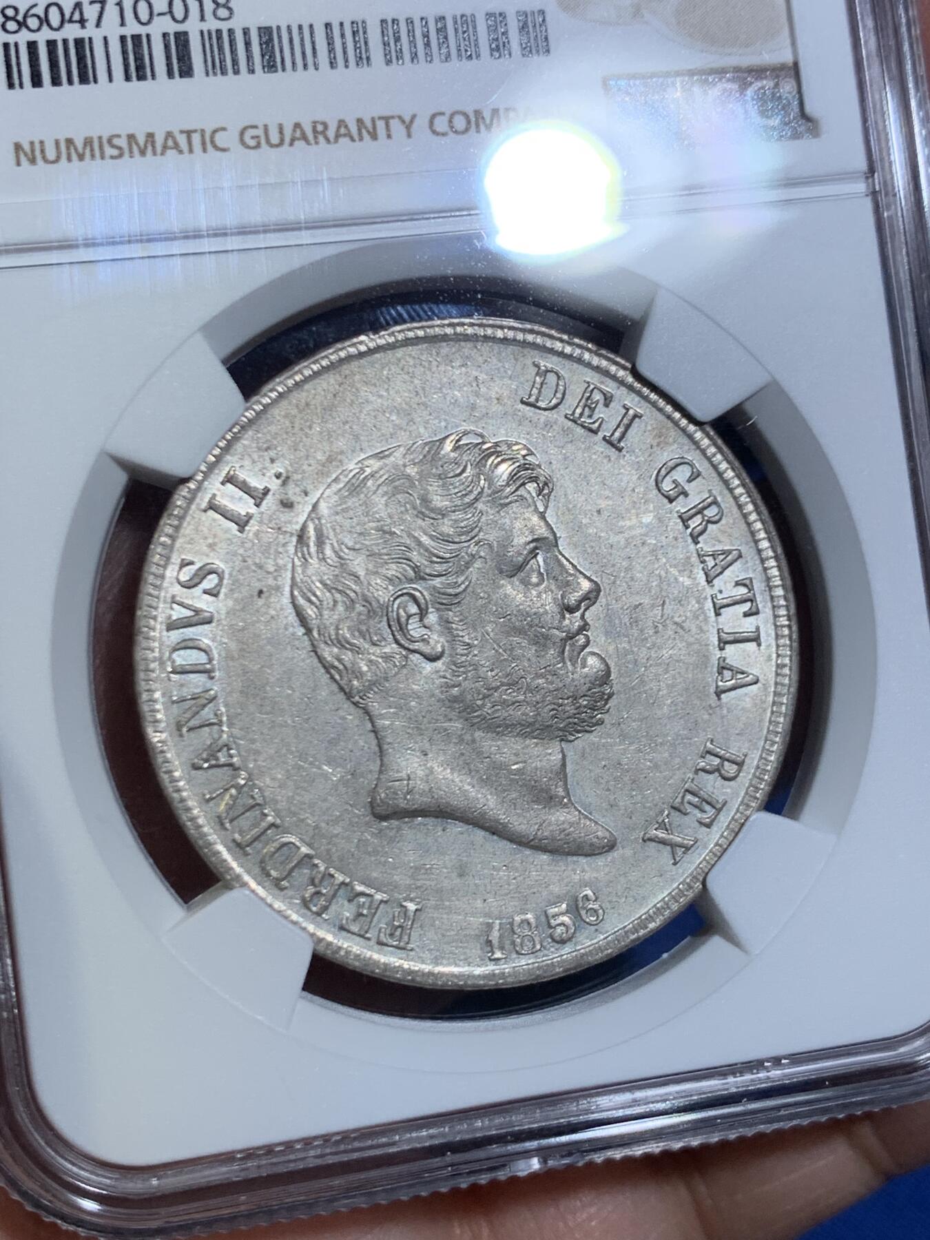 《竞宝斋》第445场 周日，周一，2场连拍 （全场包邮） NGC MS62 意大利1856年 那不勒斯西西里120G大银币 底光充沛 未见明显的减重痕迹 确实难得