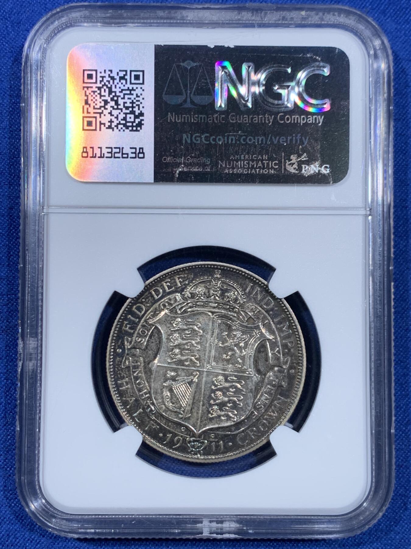 《竞宝斋》第445场 周日，周一，2场连拍 （全场包邮） NGC PF65 英国 1911年 乔治五世 精制半克朗 乔治五世登基首年最大面值 双面五彩包浆 高分难得