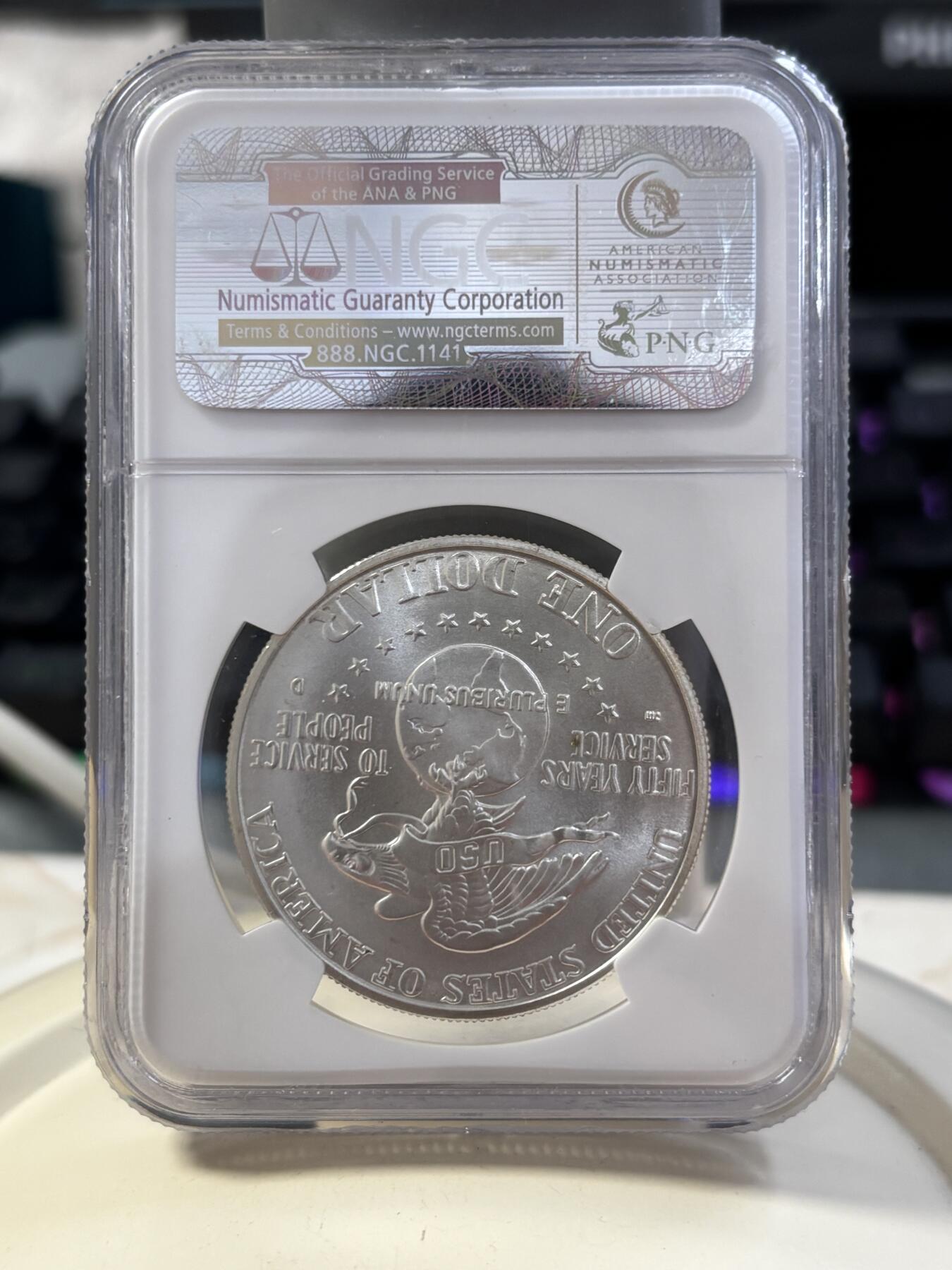 第185期拍卖 美国1991年USO(劳军组织)成立50年银币NGC-MS69，900银，26.72克