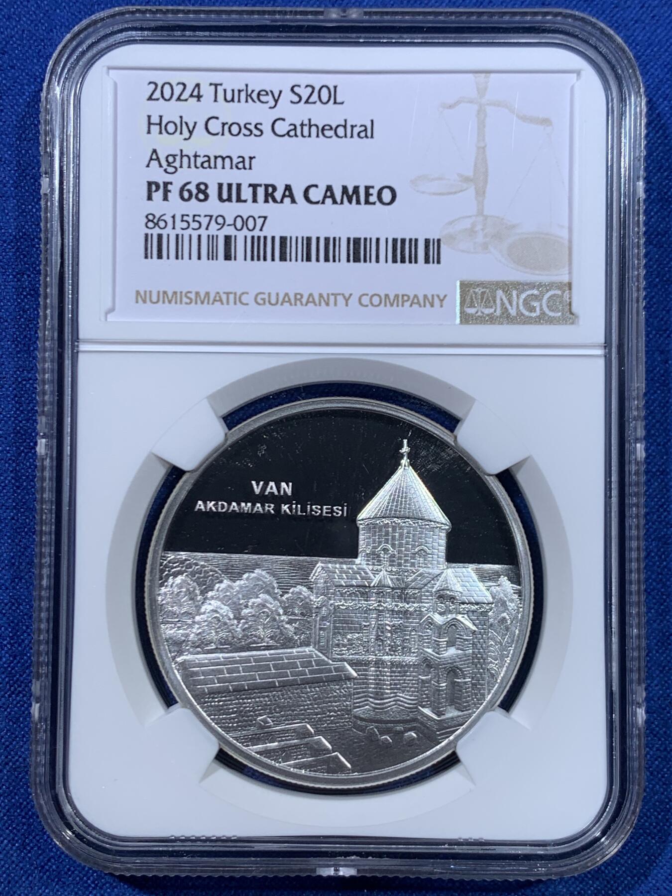 《竞宝斋》第445场 周日，周一，2场连拍 （全场包邮） NGC PF68UC 土耳其2024年范阿克达马尔教堂20里拉精制纪念银币（1盎司，925银，带证书，发行量3千枚）时光雕刻，岁月永隽，唯有景观经典依旧！