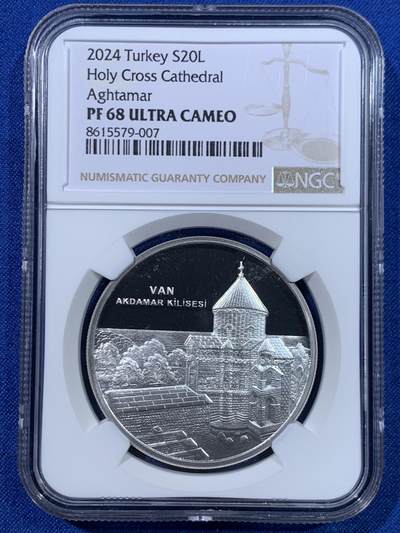 《竞宝斋》第445场 周日，周一，2场连拍 （全场包邮） - NGC PF68UC 土耳其2024年范阿克达马尔教堂20里拉精制纪念银币（1盎司，925银，带证书，发行量3千枚）时光雕刻，岁月永隽，唯有景观经典依旧！