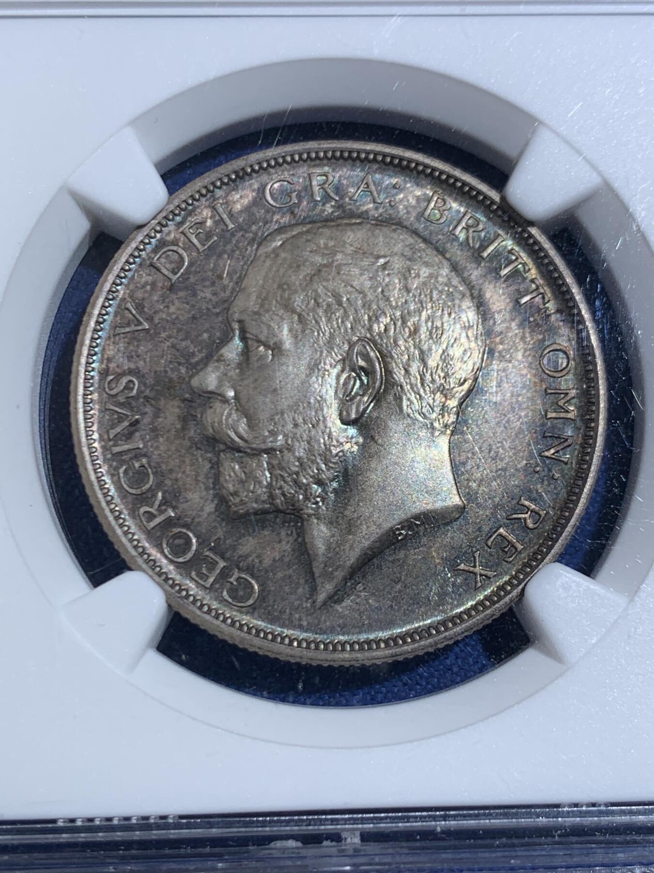 《竞宝斋》第445场 周日，周一，2场连拍 （全场包邮） NGC PF65 英国 1911年 乔治五世 精制半克朗 乔治五世登基首年最大面值 双面五彩包浆 高分难得