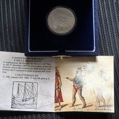 道一币馆币章第一百五十八场 - 原盒证 意大利1992年哥伦布登陆美洲500周年500里拉精制银币 18000