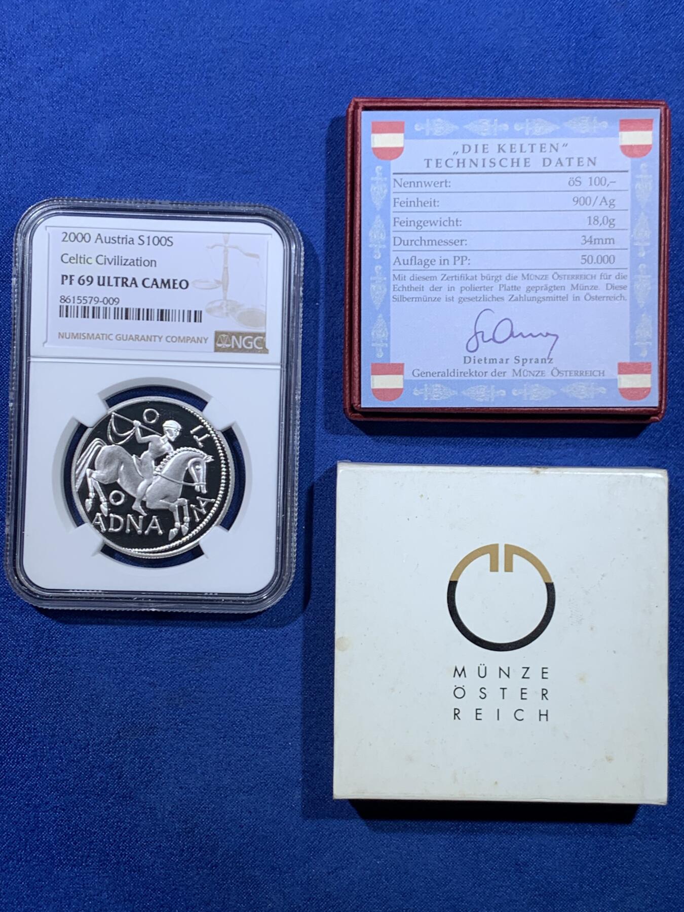 《竞宝斋》第445场 周日，周一，2场连拍 （全场包邮） 获奖币 NGC PF69UC 奥地利2000年凯尔特人开采盐矿100先令精制纪念银币（18克重，900银，盒证齐全，发行量5万枚）荣膺克劳斯世界硬币大赛2002年最佳克朗币（千禧年获奖币）