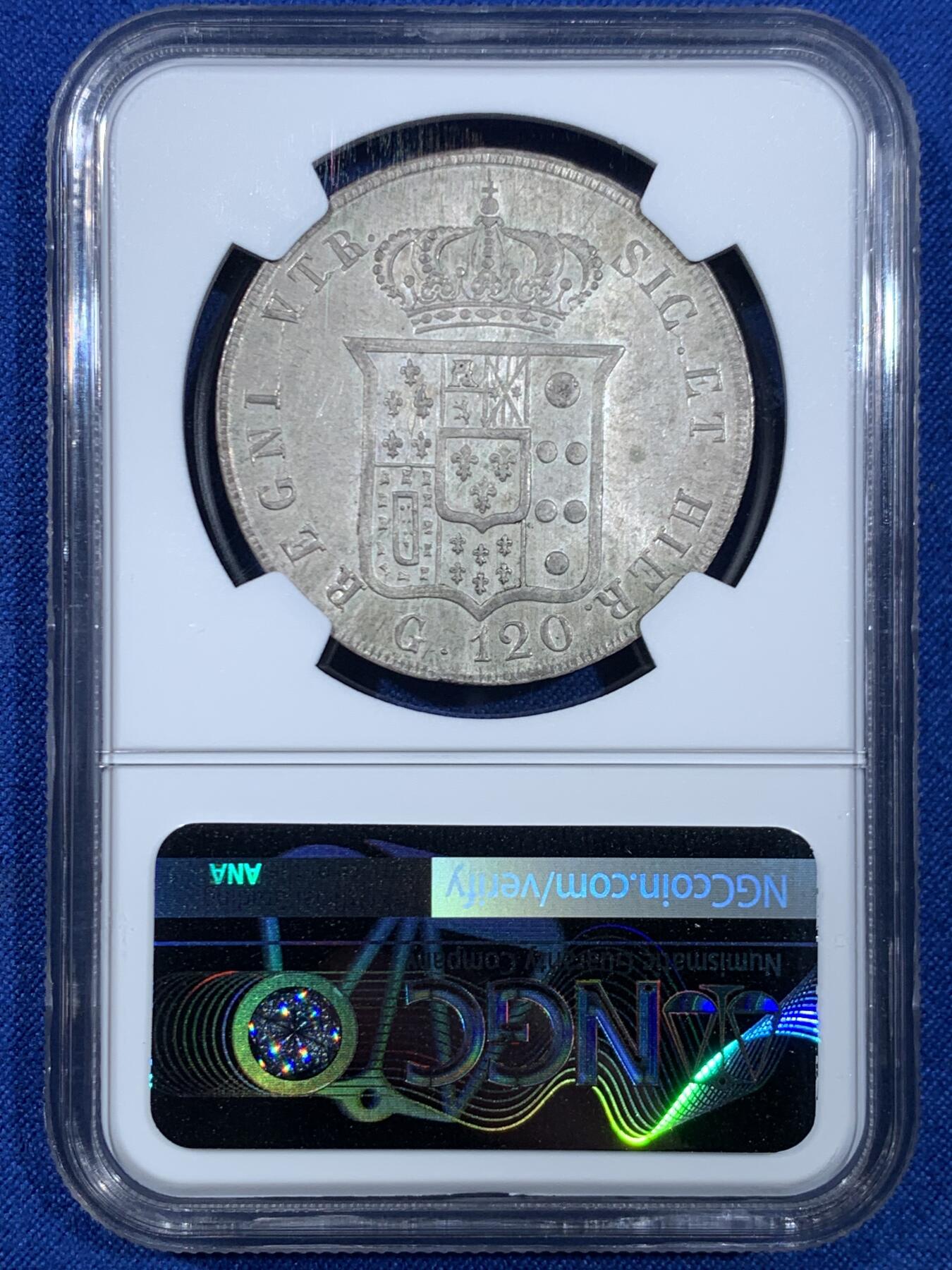 《竞宝斋》第445场 周日，周一，2场连拍 （全场包邮） NGC MS62 意大利1856年 那不勒斯西西里120G大银币 底光充沛 未见明显的减重痕迹 确实难得