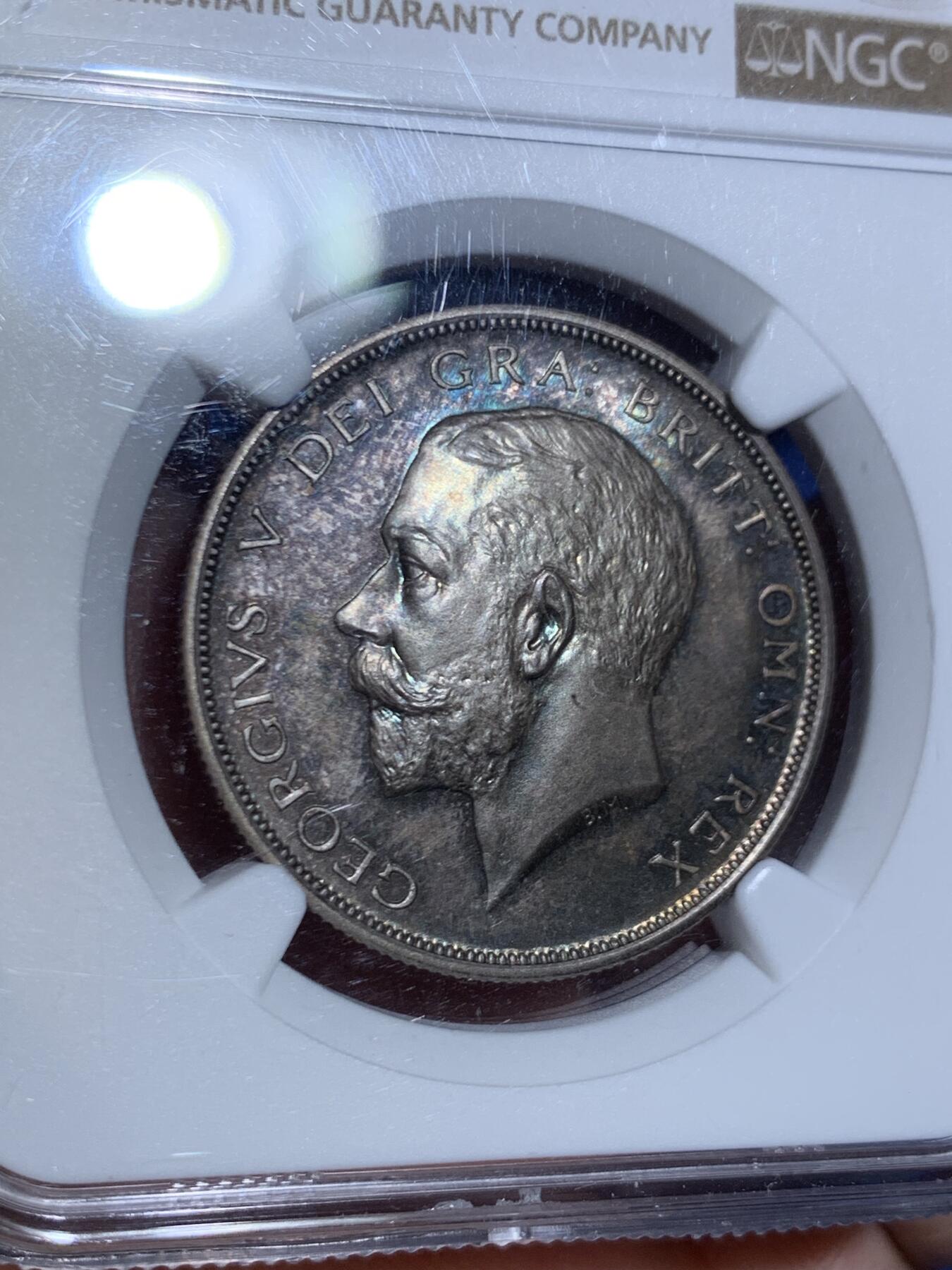 《竞宝斋》第445场 周日，周一，2场连拍 （全场包邮） NGC PF65 英国 1911年 乔治五世 精制半克朗 乔治五世登基首年最大面值 双面五彩包浆 高分难得