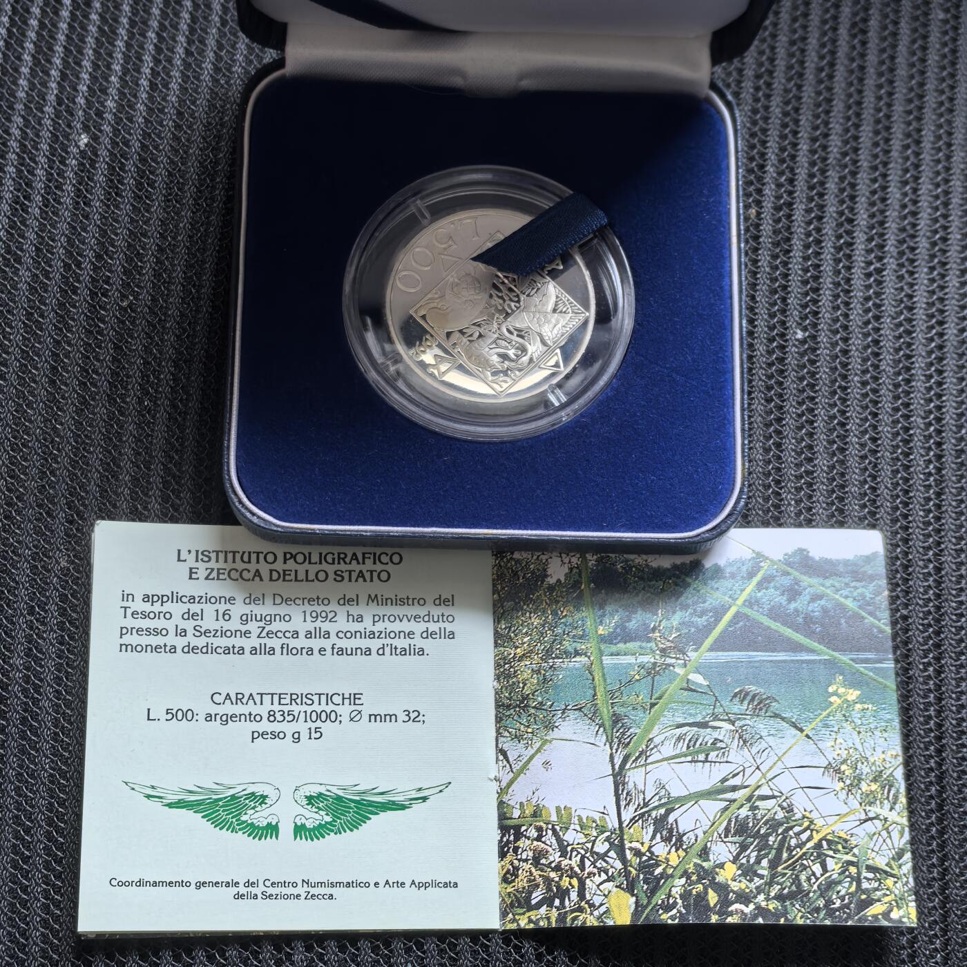 道一币馆币章第一百五十八场 原盒证 意大利1992年意大利的动植物500里拉精制银币 8500