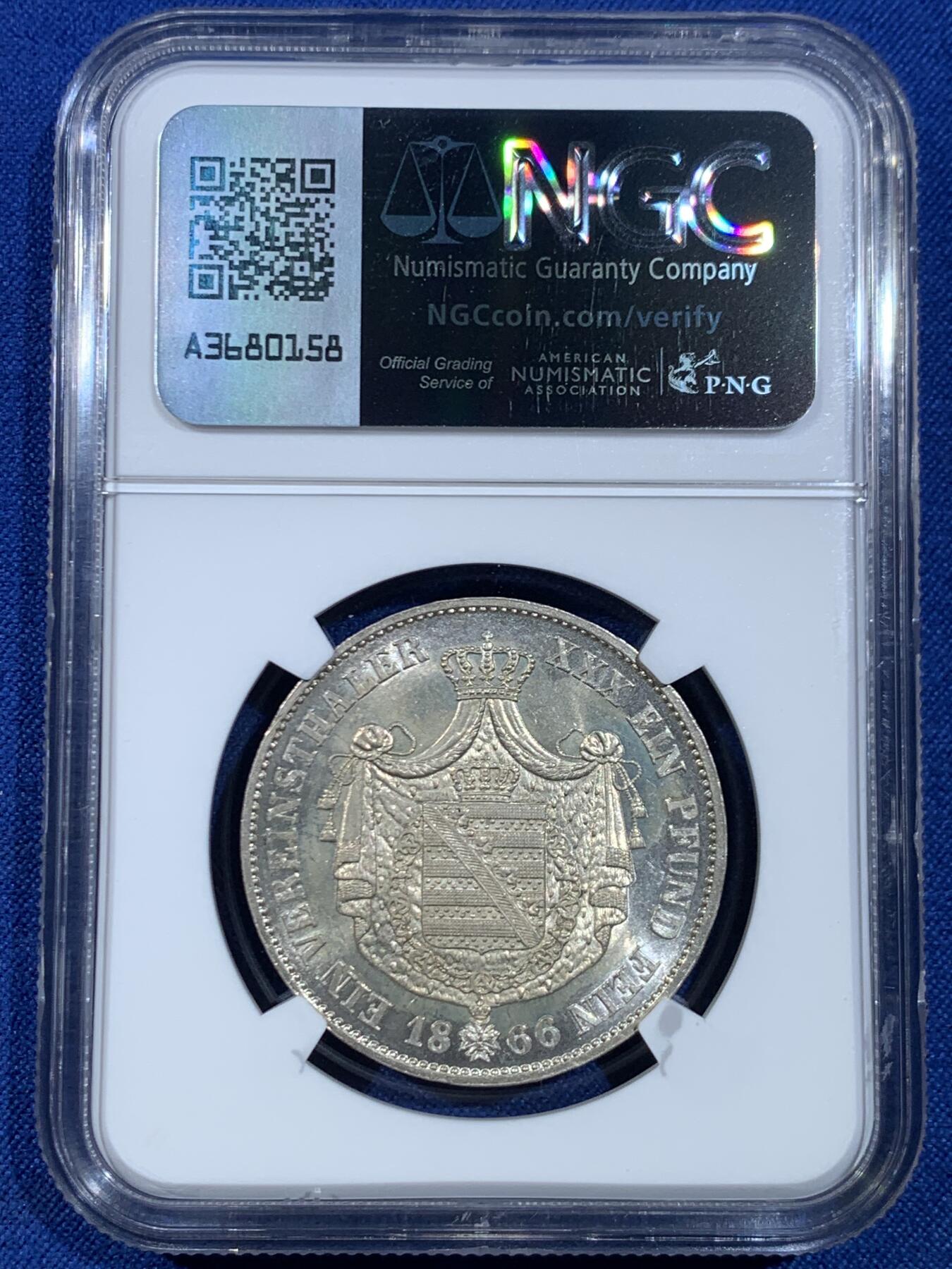 《竞宝斋》第445场 周日，周一，2场连拍 （全场包邮） 冠军分 NGC MS64 德国 1866年 萨克森-魏玛-埃森纳赫纹章泰勒 令人惊叹的细节工艺 十字车轮光更显不易 难以逾越的状态