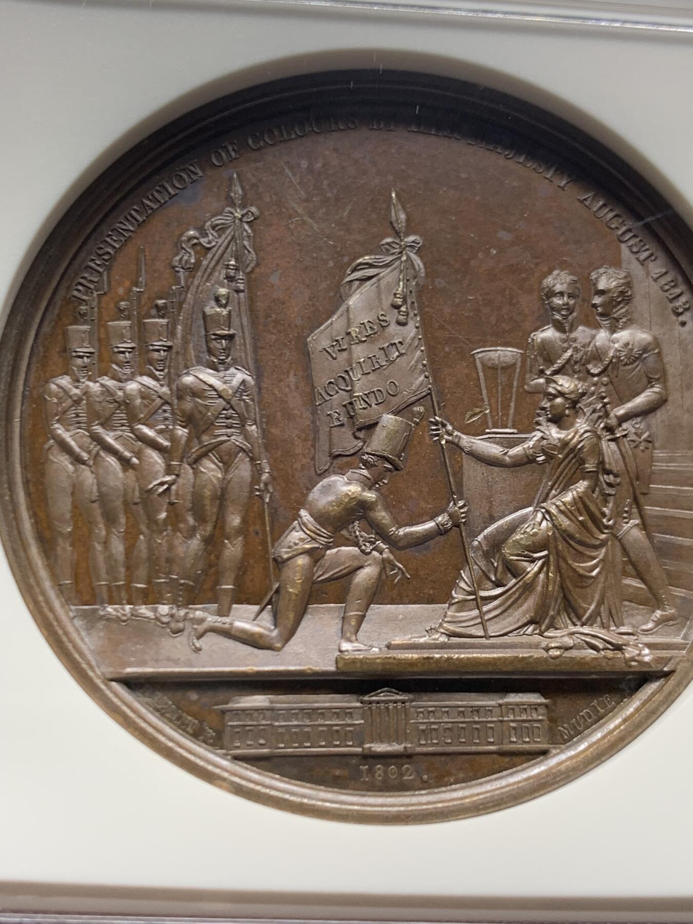 《竞宝斋》第445场 周日，周一，2场连拍 （全场包邮） NGC MS62BN 1813年英国约克公爵皇家军事学院铜章，纪念英国胜利系列第十一枚奖章，加厚盒装。