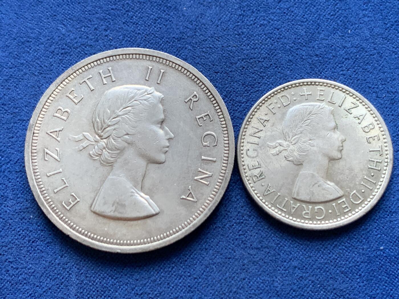 《竞宝斋》第445场 周日，周一，2场连拍 （全场包邮） 两枚一组 南非1958年乔六跳羚5先令银币+澳大利亚1959年1弗洛林银币 总重约39.6克