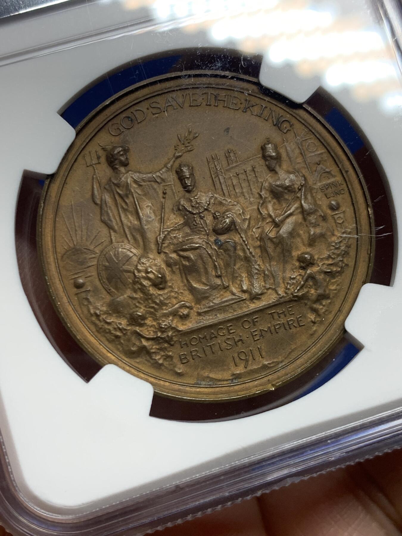 《竞宝斋》第445场 周日，周一，2场连拍 （全场包邮） NGC MS63 英国1911年乔治五世加冕纪念铜章