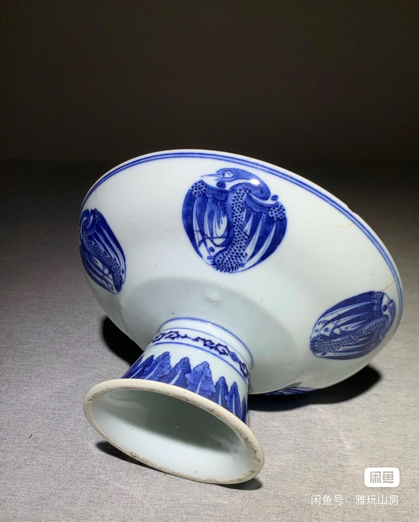 晚清青花团鹤纹高足盘 包老保真 