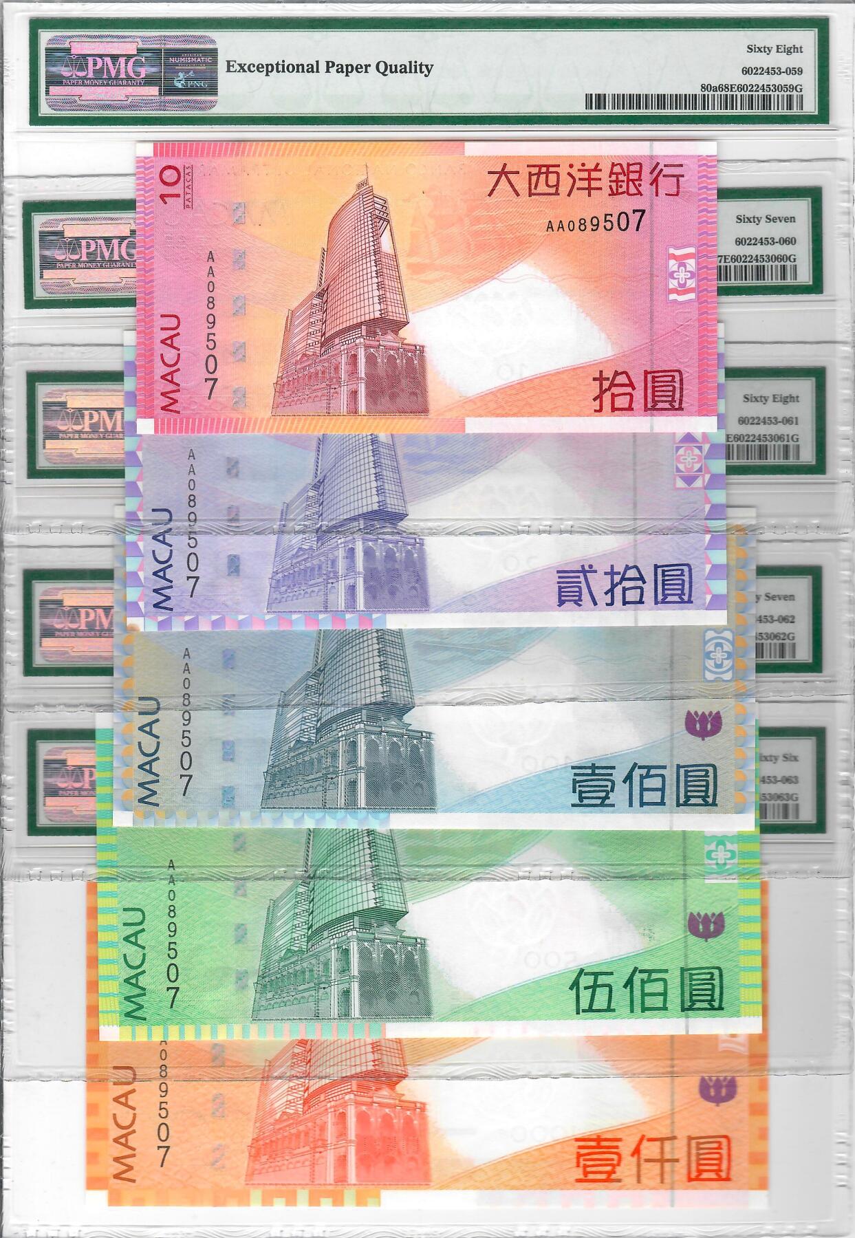 大中华拍卖第805期 澳门大西洋银行0510.20.100.500.1000首发AA全同号一套AA089507