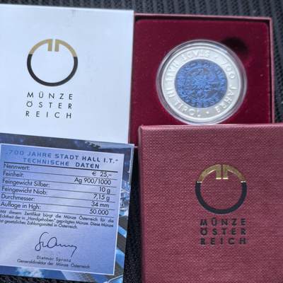 道一币馆币章第一百五十八场 - 原盒证 奥地利2003年蒂罗尔州霍尔建市700年25欧元铌芯银币