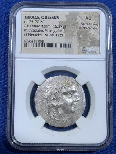 《竞宝斋》第445场 周日，周一，2场连拍 （全场包邮） - NGC AU 铸造4分表面4分 古希腊色雷斯奥德修斯4德拉克马银币，宙斯神像，好状态。