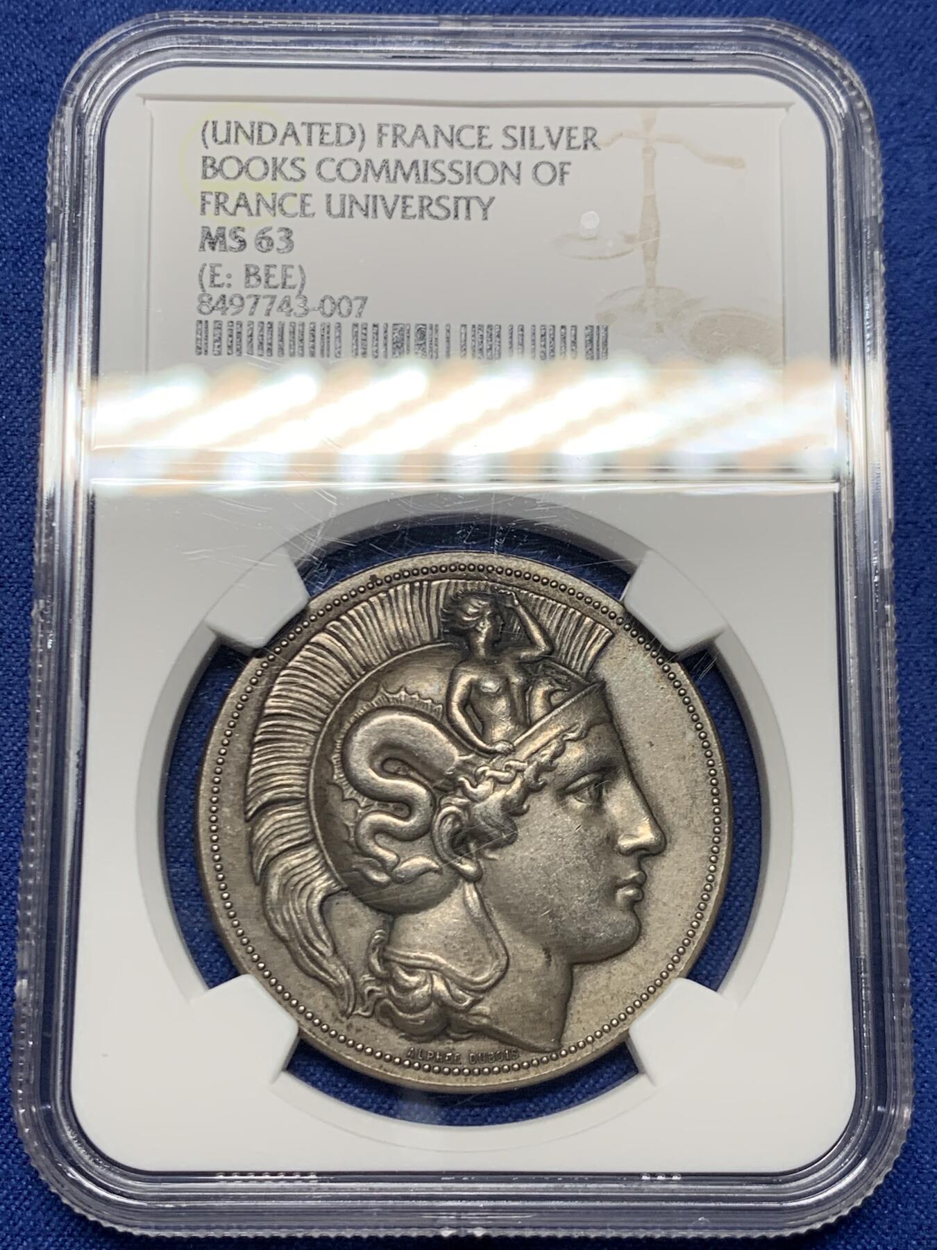 《竞宝斋》第445场 周日，周一，2场连拍 （全场包邮） NGC MS63 法国雅典娜女神大银章，直径：38mm，蜜蜂边铭，少见品，著名雕刻家DUBOIS作品。
