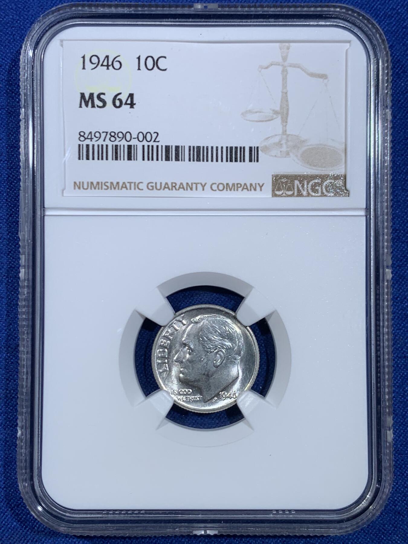 《竞宝斋》第445场 周日，周一，2场连拍 （全场包邮） NGC MS64 美国1946年10美分银币，罗斯福10美分首年份