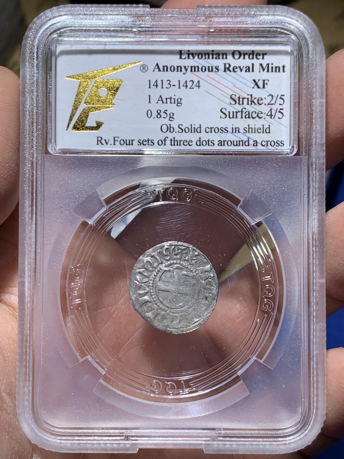 《竞宝斋》第445场 周日，周一，2场连拍 （全场包邮） TQG XF 利沃尼亚骑士团（宝剑骑士团） 1413-1424 银币 骑士团银币 打制不错 细节较好 少见品种