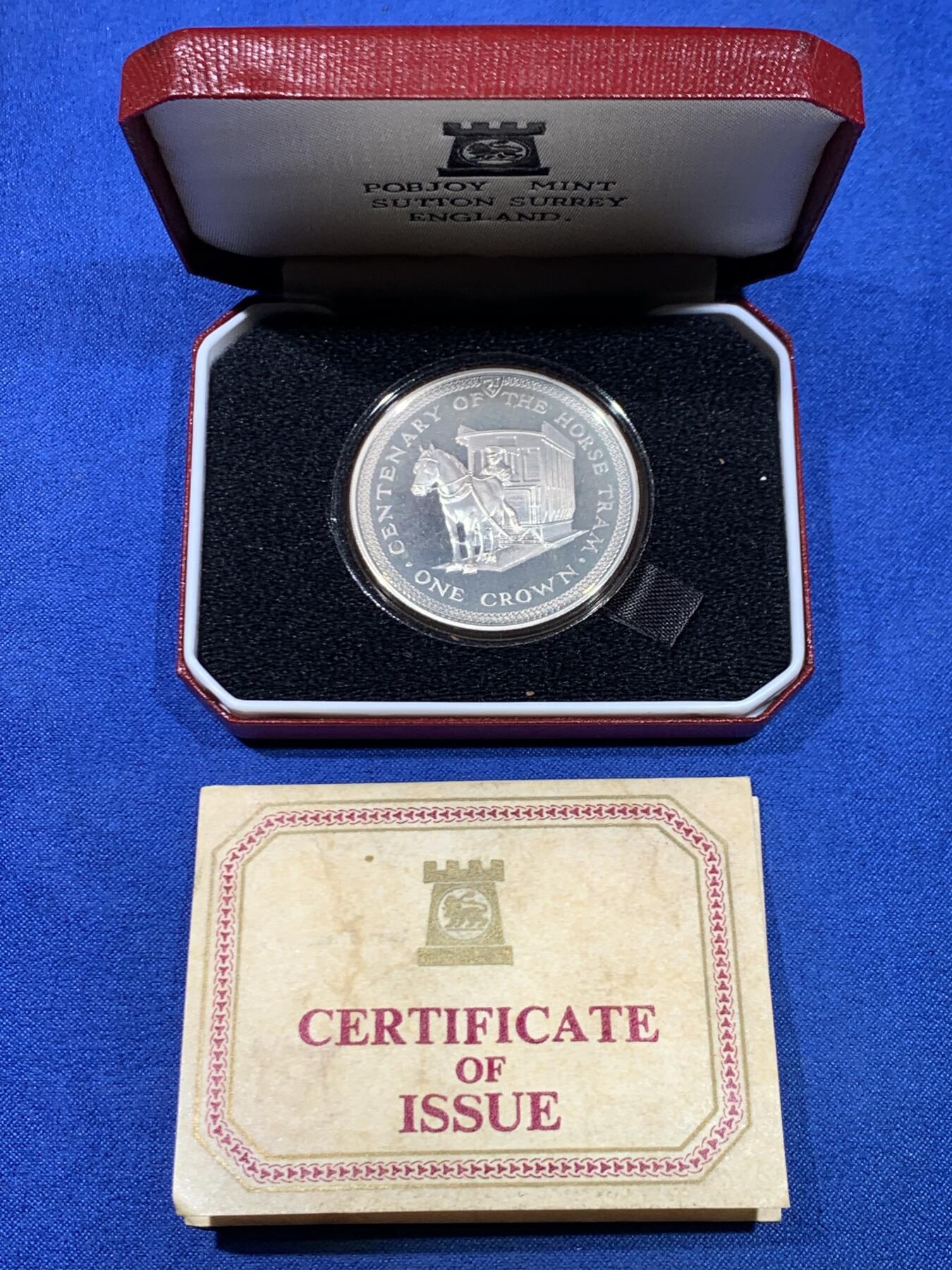 《竞宝斋》第445场 周日，周一，2场连拍 （全场包邮） 马恩岛1976年骑马电车1克朗银币 带盒证 细节见图