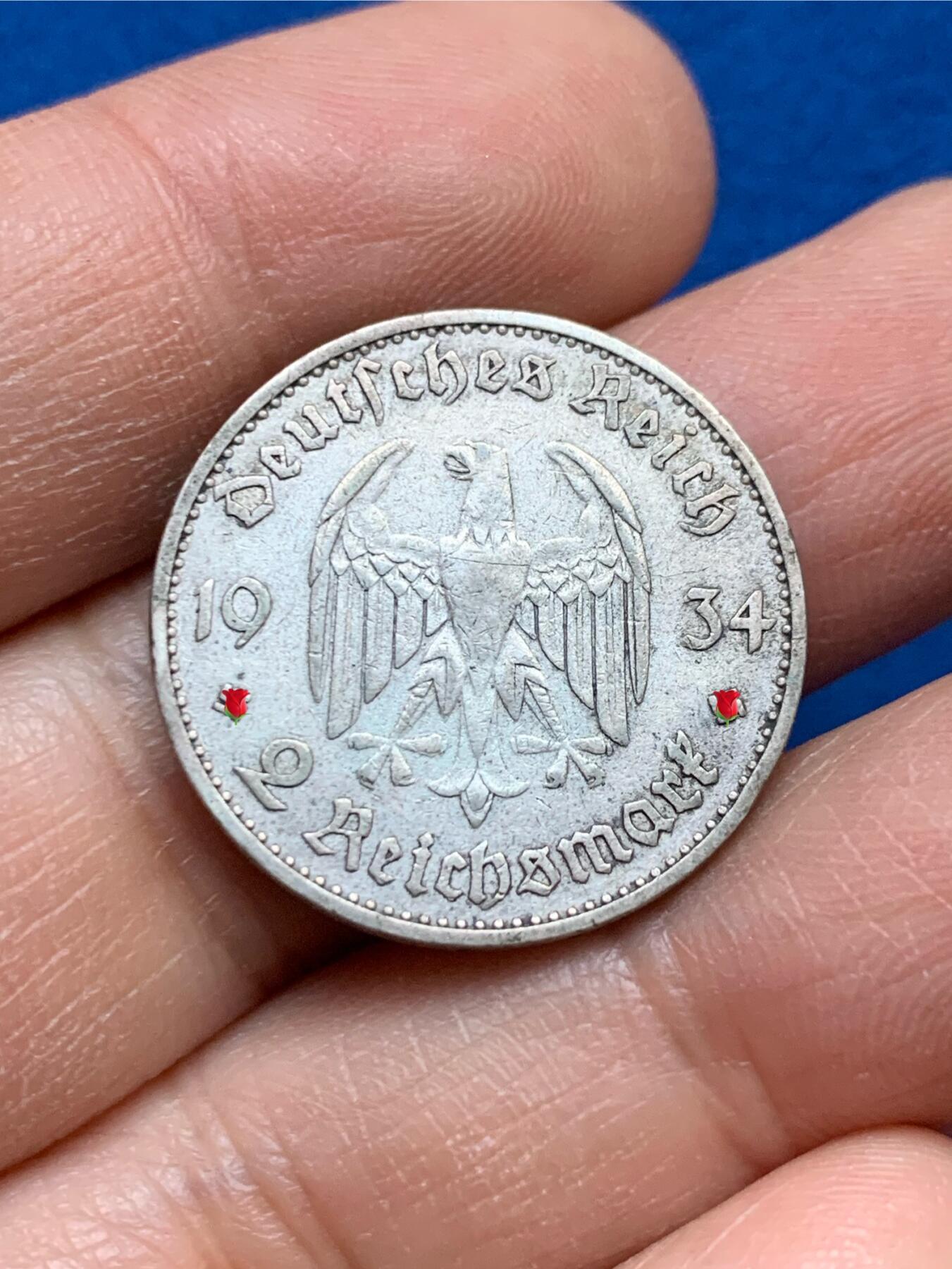 《竞宝斋》第445场 周日，周一，2场连拍 （全场包邮） 德国1934年教堂2马克银币 签字版