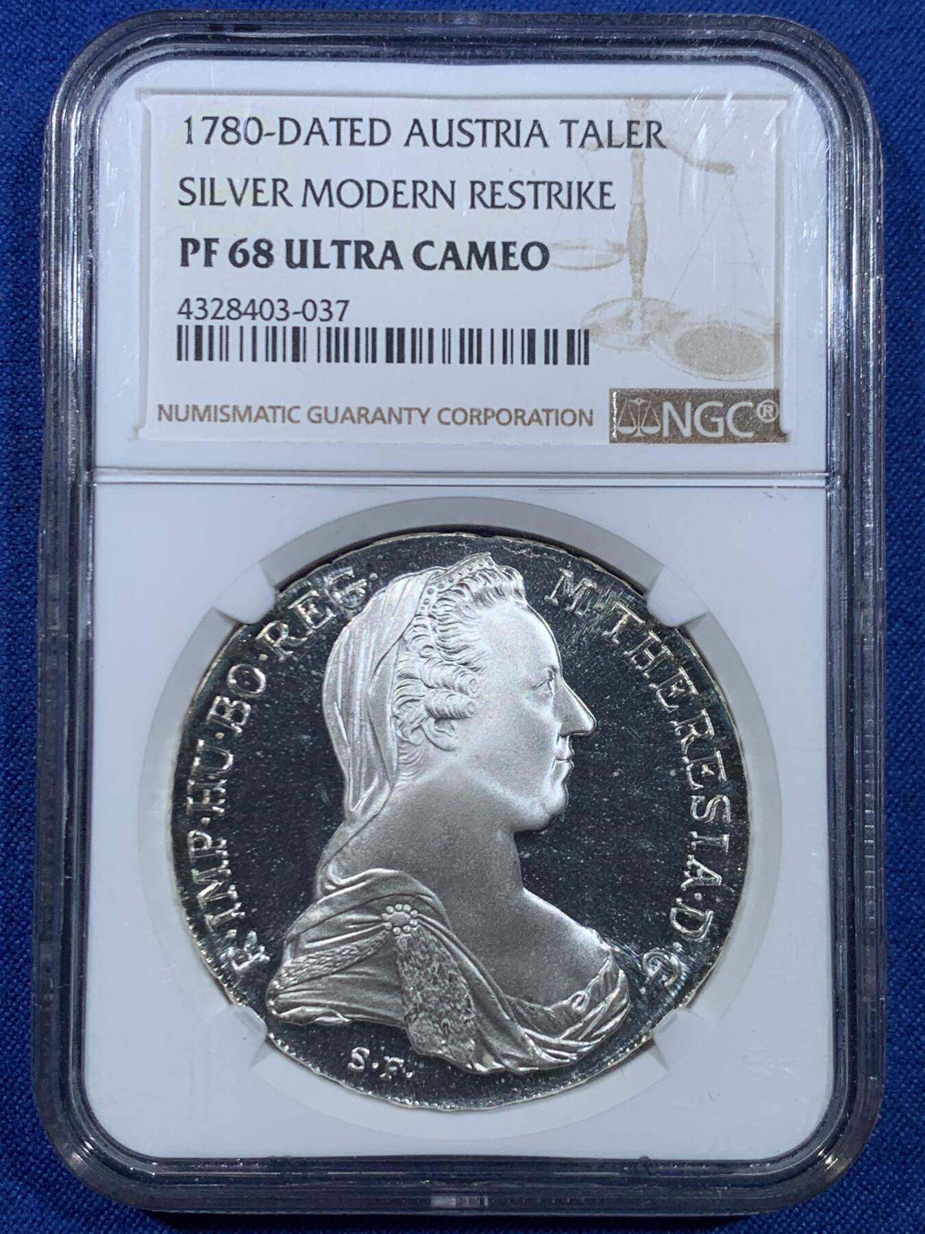 《竞宝斋》第445场 周日，周一，2场连拍 （全场包邮） NGC PF68UC 奥地利1780大奶妈泰勒精制银币 后铸版