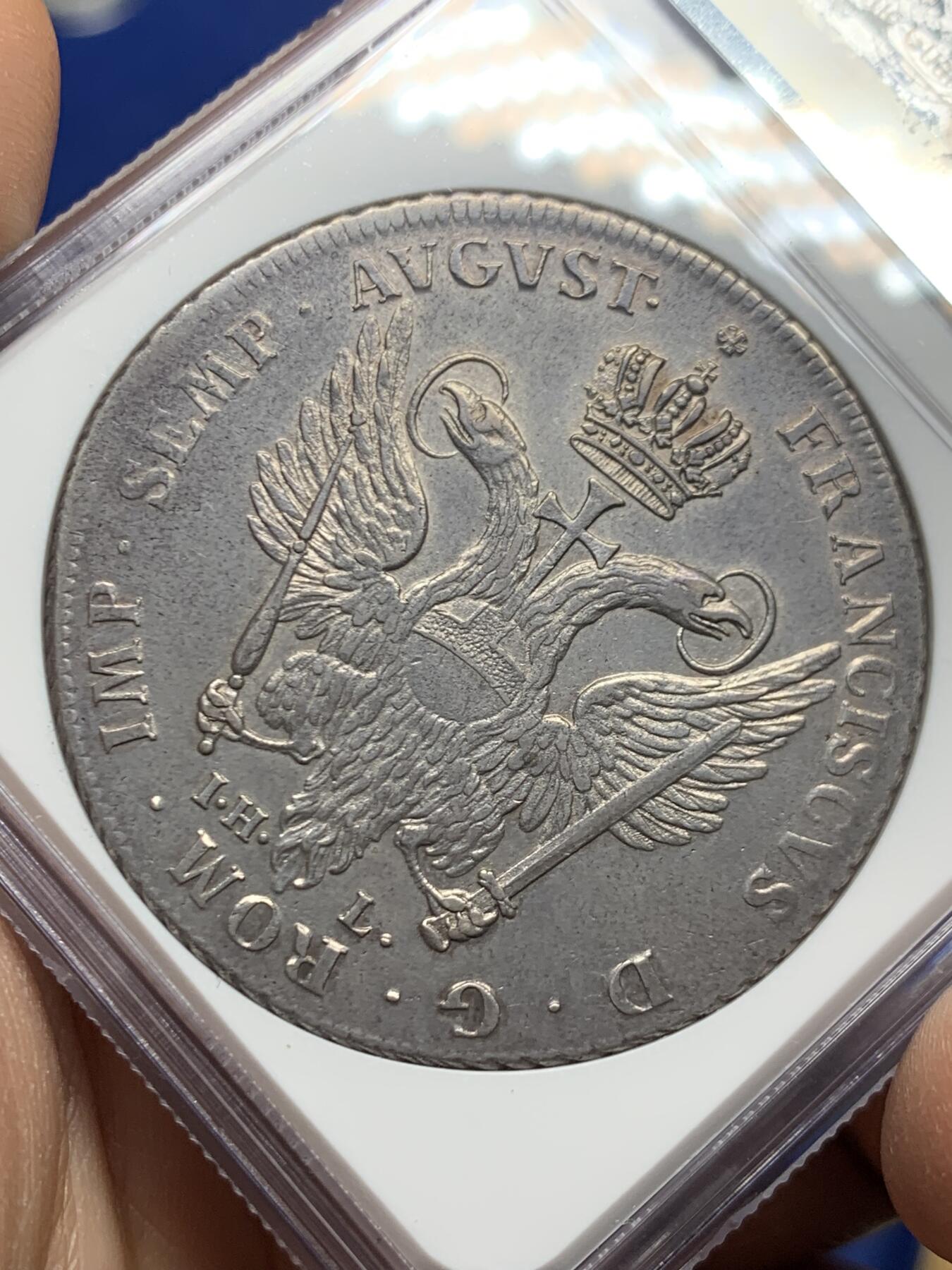 《竞宝斋》第445场 周日，周一，2场连拍 （全场包邮） NGC AUD 德国汉堡双狮1748年威斯特伐利亚和平100周年泰勒大银币