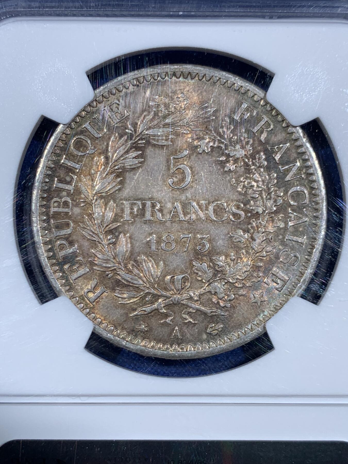 《竞宝斋》第445场 周日，周一，2场连拍 （全场包邮） NGC MS63 法国1873年A版大力神5法郎银币 酱彩包浆 性价比分数