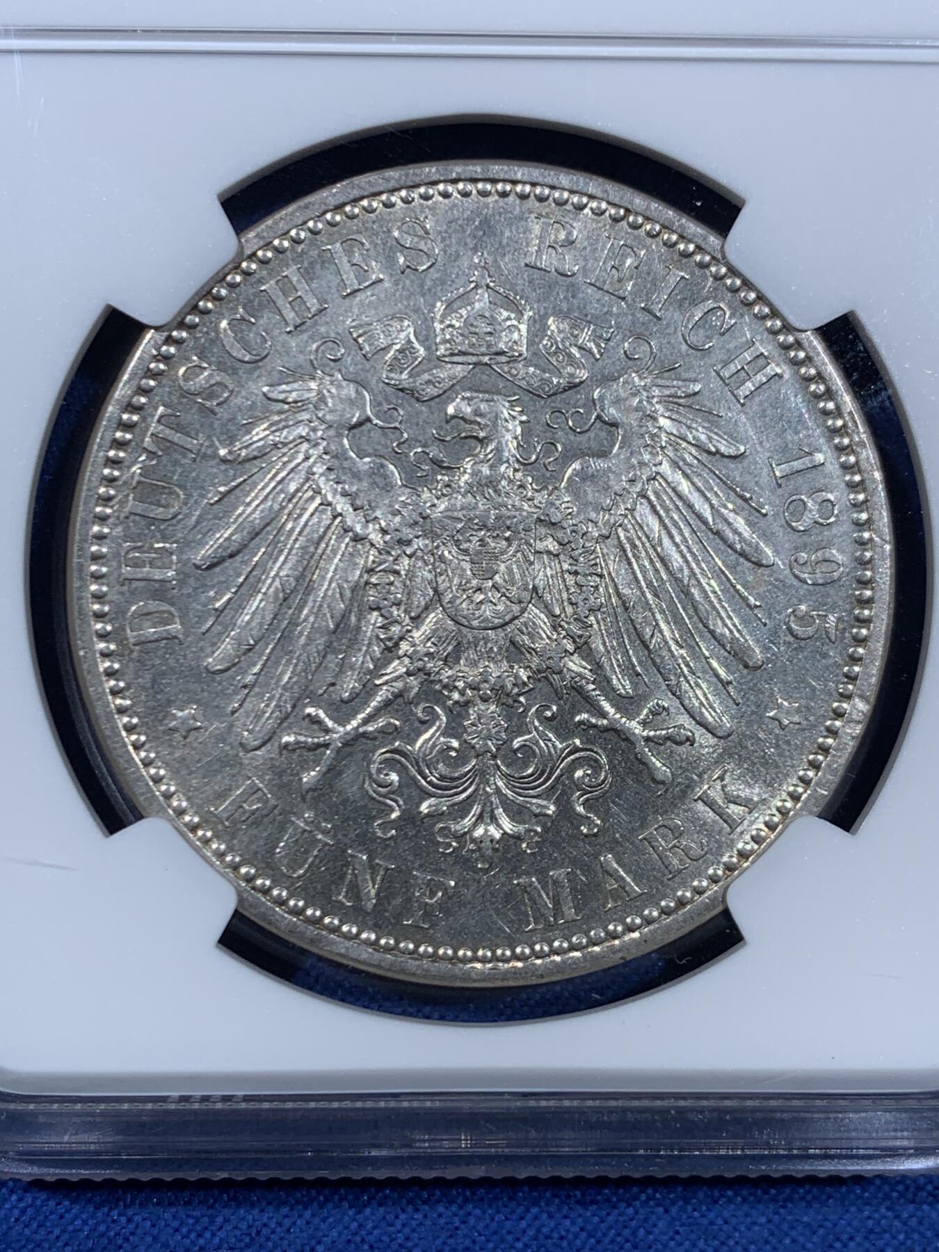 《竞宝斋》第445场 周日，周一，2场连拍 （全场包邮） NGC AUD 德国普鲁士1895年威廉二世5马克银币 流通5马克这状态很难得