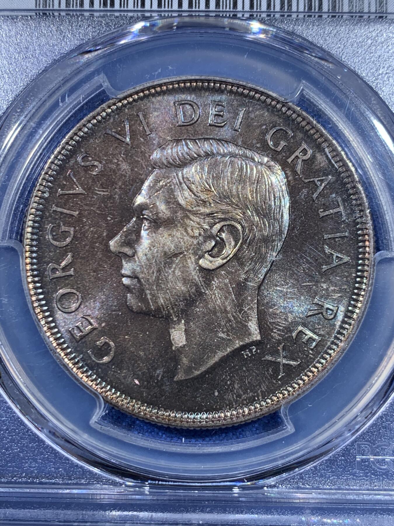 《竞宝斋》第445场 周日，周一，2场连拍 （全场包邮） PCGS MS64 加拿大1949年乔治六世帆船1元银币 炫丽五彩包浆
