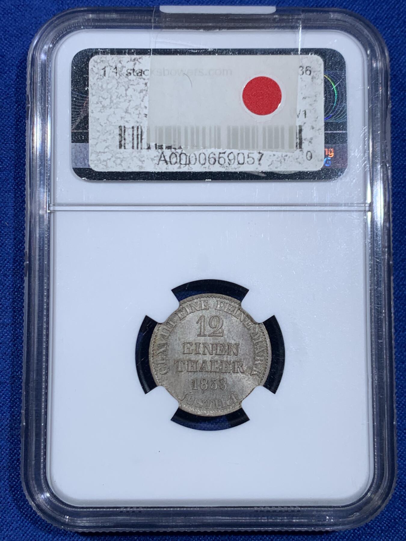 《竞宝斋》第445场 周日，周一，2场连拍 （全场包邮） NGC MS66 德国 1853B 汉诺威 1/12泰勒银币 不多见的辅币分数