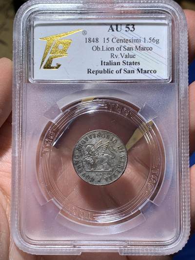 《竞宝斋》第445场 周日，周一，2场连拍 （全场包邮） - TQG AU53 威尼斯革命政府 1848年 15分 银币 经典圣马可飞狮图案 1848年威尼斯市民起义后建立的短命政权 仅存在一年多 细节良好 少见品种