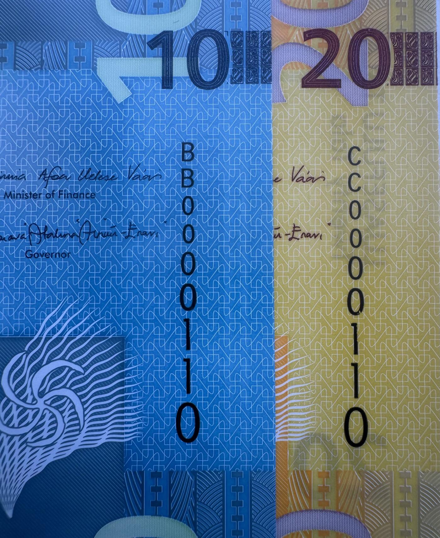 2025第25场（总第225期）：精品测试钞、塑料钞、纪念券、外钞综合场 首发二进制全同号0000110 萨摩亚2023年版10、20塔拉塑料钞一对UNC